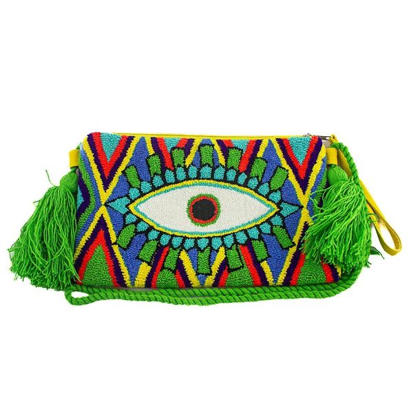 Pochette multicolore avec un motif oeil et une anse vert flashy