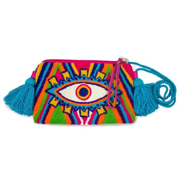 Pochette avec un motif oeil brodé multicolore et une anse bleu ciel