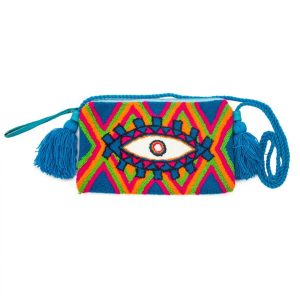 Pochette multicolore avec un motif oeil et une anse bleue