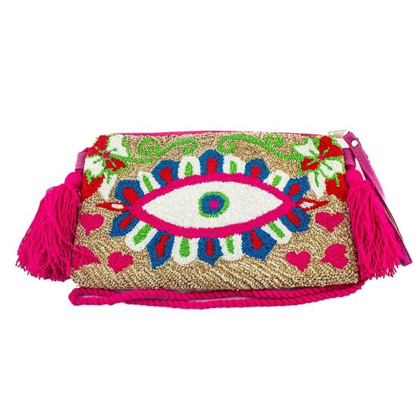 Pochette multicolore avec un motif oeil et une anse rose